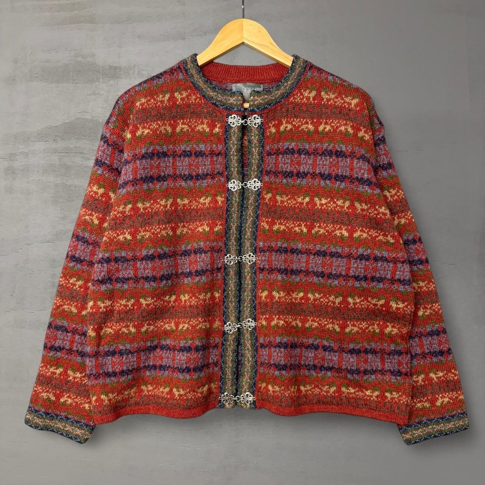 Vintage Squaw Valley Cardigan Red Fair Isle 100% Wool Metal Clasp Retro Large